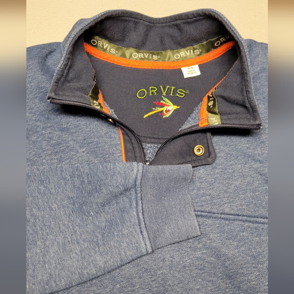 Orvis Pullover‎ Mens Medium Blue Quarter Zip Snap Sweater Long Sleeve Fish Lure